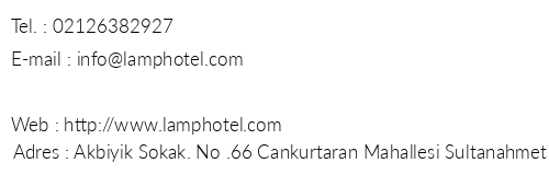 Lamp Hotel telefon numaralar, faks, e-mail, posta adresi ve iletiim bilgileri